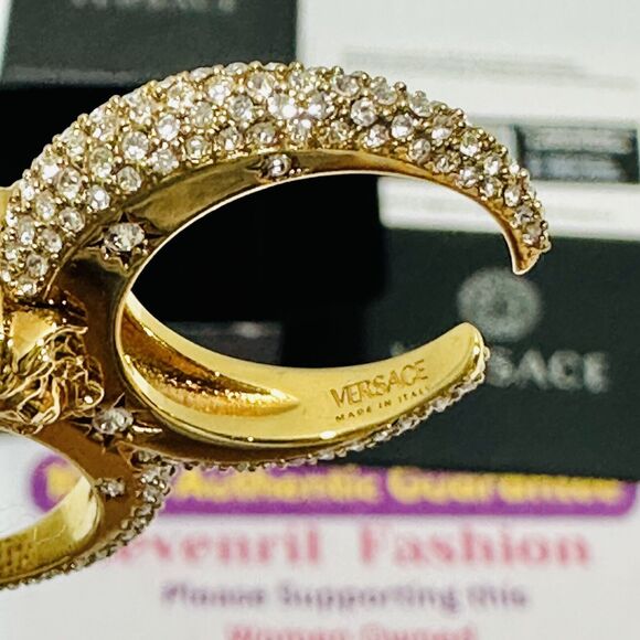 Versace Galaxy Medusa Crystal Engraved Cuff Double Ring Gold Tone Sz L NWT $525 - Picture 8 of 11